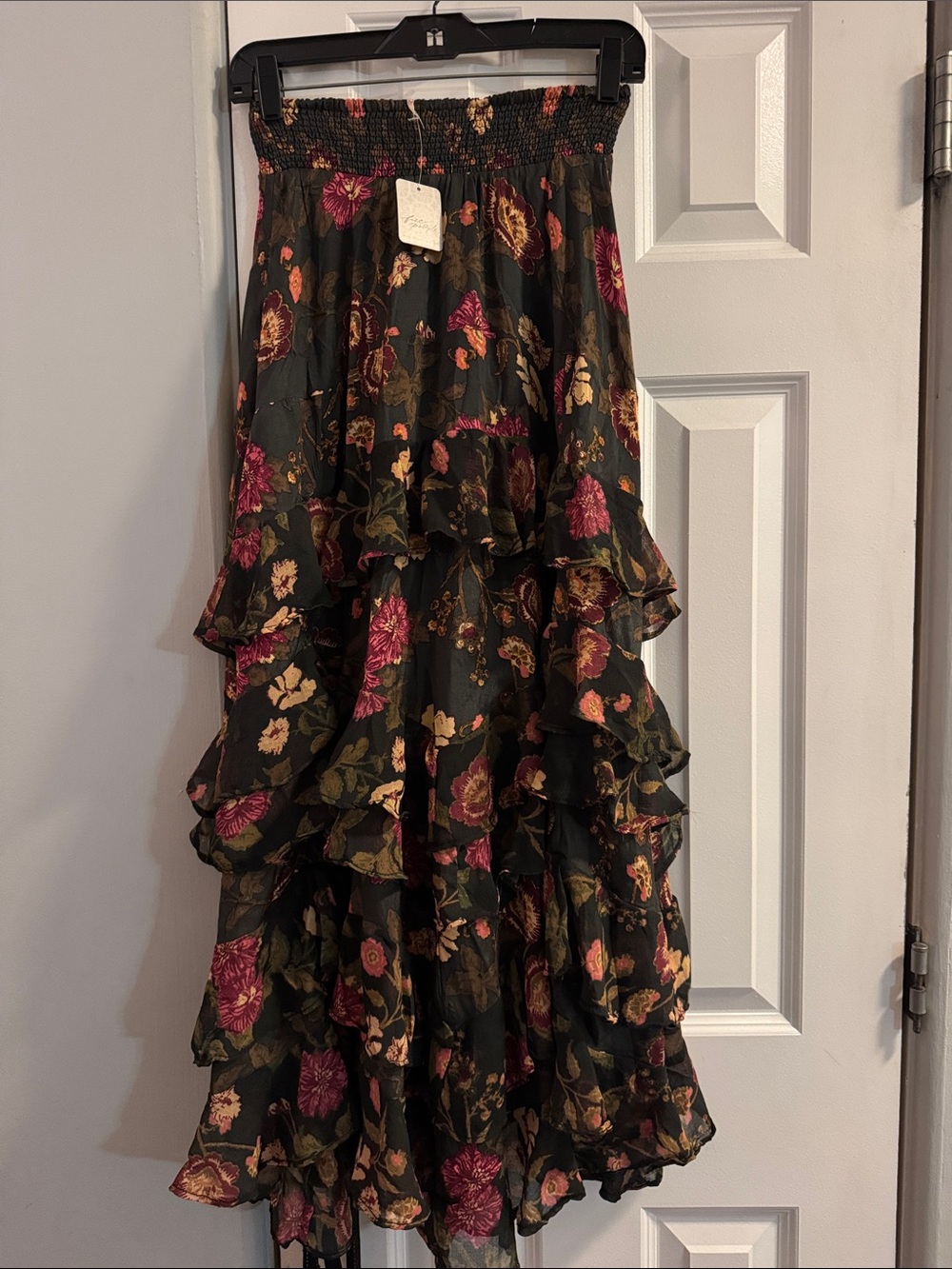 Free People Black Floral High-Low Ruffle Maxi Skirt with Pink & Green Accents